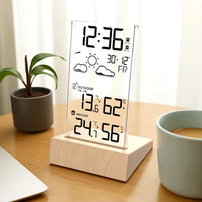 Gambar Forhom Jam Meja LCD Digital Weather Transparan - Cokelat Wood