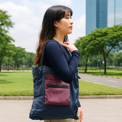 Gambar Ataru Tas Bahu Lipat Nylon Medium - Biru Navy/Merah Maroon