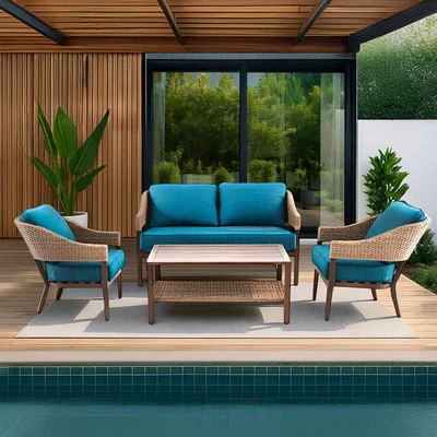 Gambar Leighton Set Sofa Teras Wicker - Biru