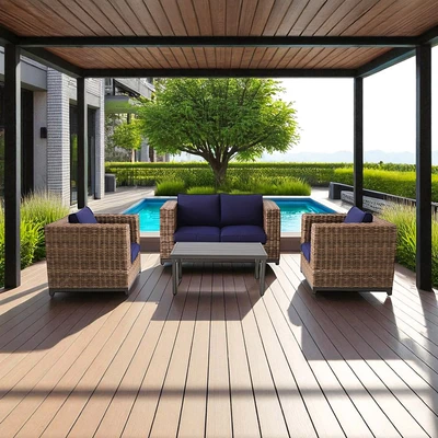 Gambar Fernlake Set Kursi & Meja Teras Steel Wicker - Cokelat/Biru