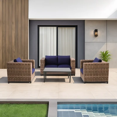 Gambar Fernlake Set Kursi & Meja Teras Steel Wicker - Cokelat/Biru