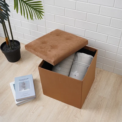 Gambar Stora Bangku Ottoman Lipat Fabric Velvet 38x38 cm - Cokelat Teak
