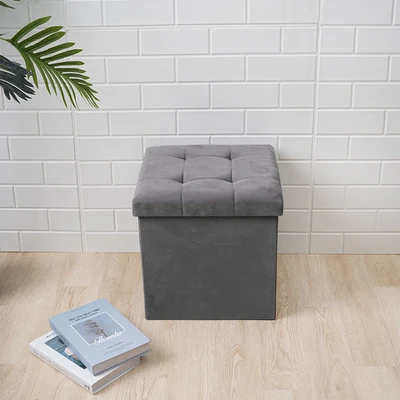 Gambar Stora Bangku Ottoman Lipat Fabric Velvet 38x38 cm - Abu-Abu