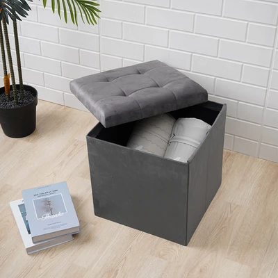 Gambar Stora Bangku Ottoman Lipat Fabric Velvet 38x38 cm - Abu-Abu