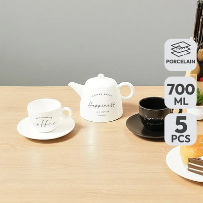 Gambar Appetite Brielle Teko Teh & Cangkir Porcelain Dengan Saucer 700 ml Set 5 Pcs - Putih/Hitam