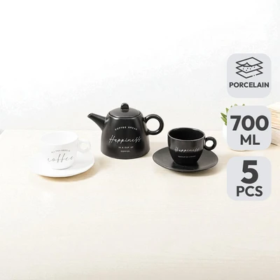 Gambar Appetite Brielle Teko Teh & Cangkir Porcelain Dengan Saucer 700 ml Set 5 Pcs - Hitam/Putih