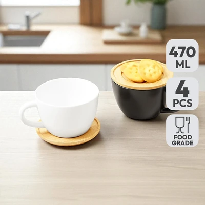 Gambar Appetite Brielle Cangkir Porcelain Dengan Saucer 470 ml Set 4 pcs - Hitam/Putih