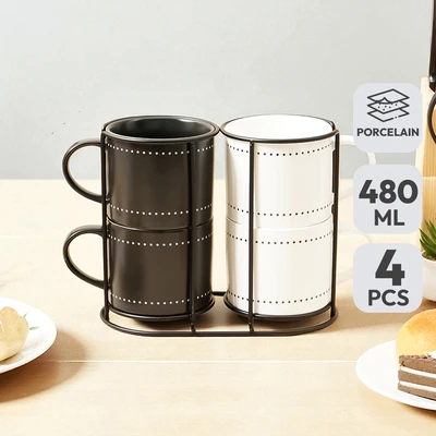 Gambar Appetite Brielle Mug Porcelain Dengan Low Rak 480 ml Set 4 pcs - Hitam/Putih