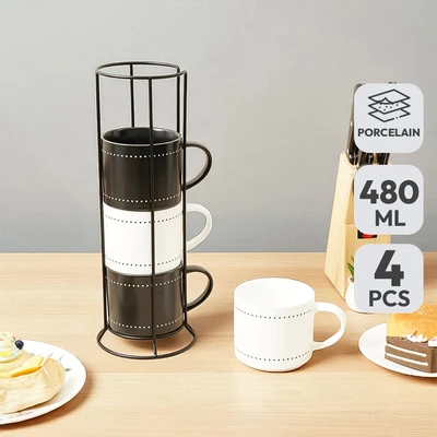 Gambar Appetite Brielle Mug Porcelain Dengan High Rak 480 ml Set 4 pcs - Hitam/Putih
