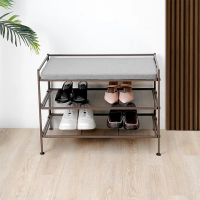 Gambar Stora Mesh Rak Sepatu 3 Tingkat Dengan Dudukan - Abu-Abu