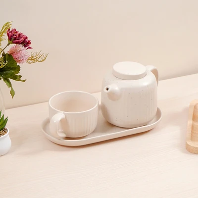 Gambar Appetite Hazel Teko Teh & Cangkir Porcelain Dengan Nampan 600 ml Set 3 Pcs - Putih