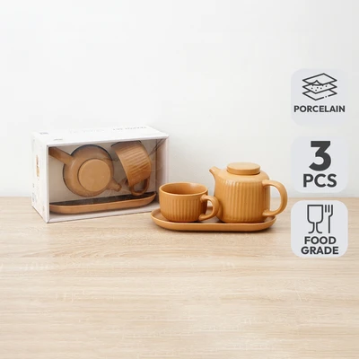 Gambar Appetite Hazel Teko Teh & Cangkir Porcelain Dengan Nampan 600 ml Set 3 Pcs - Cokelat