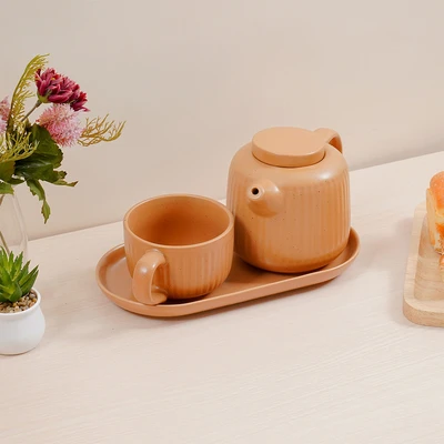 Gambar Appetite Hazel Teko Teh & Cangkir Porcelain Dengan Nampan 600 ml Set 3 Pcs - Cokelat