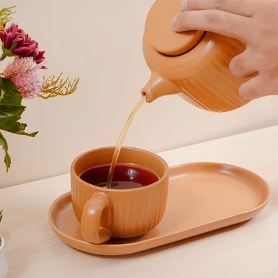Gambar Appetite Hazel Teko Teh & Cangkir Porcelain Dengan Nampan 600 ml Set 3 Pcs - Cokelat