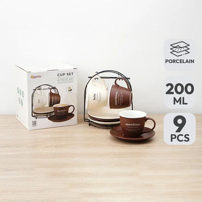 Gambar Appetite Cangkir & Saucer Porcelain Dengan Rak 200 ml Set 9 pcs - Cokelat/Krem