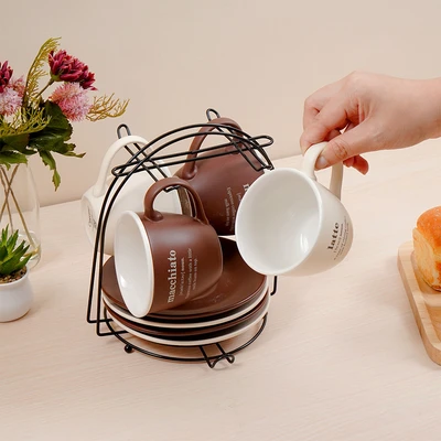 Gambar Appetite Cangkir & Saucer Porcelain Dengan Rak 200 ml Set 9 pcs - Cokelat/Krem