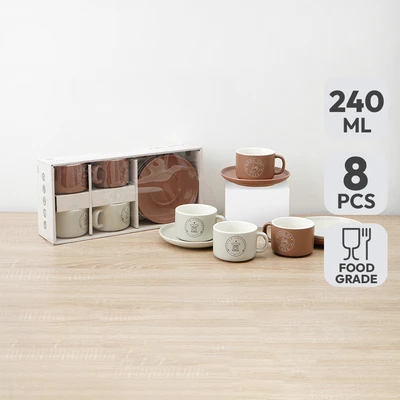 Gambar Appetite Hazel Cangkir Dengan Saucer Porcelain 240 ml Set 8 pcs - Cokelat/Krem