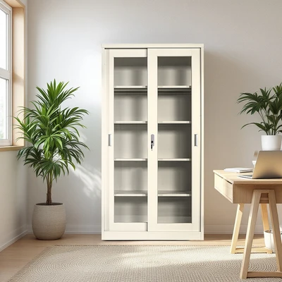 Gambar Krisbow Winnie Lemari Arsip Kantor Metal 2 Pintu Geser Kaca - Krem Beige