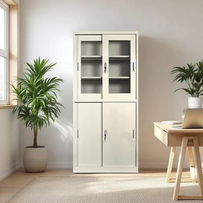 Gambar Krisbow Winnie Lemari Arsip Kantor Metal 4 Pintu Geser Half Kaca - Krem Beige