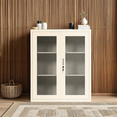 Gambar Krisbow Winnie Kabinet Kantor Metal 2 Pintu Kaca 113 cm - Krem Beige