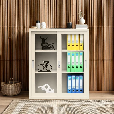 Gambar Krisbow Winnie Kabinet Kantor Metal 2 Pintu Geser Kaca 113 cm - Krem Beige