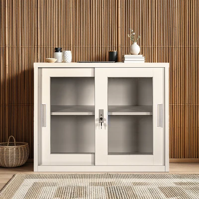 Gambar Krisbow Winnie Kabinet Kantor Metal 2 Pintu Geser Kaca 90 cm - Krem Beige