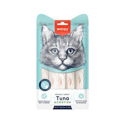 Gambar Wanpy Camilan Kucing Creamy Lickable Tuna & Codfish 14 grx5 pcs