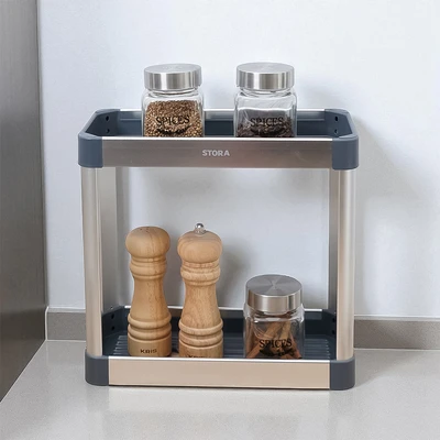 Gambar Stora Rak Bumbu Dapur Aluminium 2 Tingkat Rectangle - Abu-Abu
