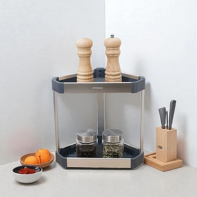 Gambar Stora Rak Bumbu Dapur Aluminium 2 Tingkat Corner - Abu-Abu