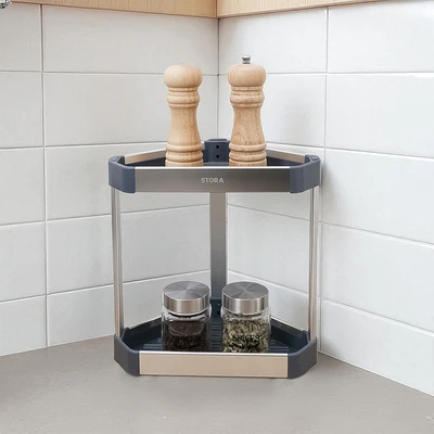 Gambar Stora Rak Bumbu Dapur Aluminium 2 Tingkat Corner - Abu-Abu