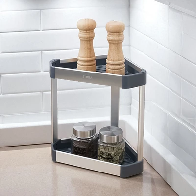 Gambar Stora Rak Bumbu Dapur Aluminium 2 Tingkat Corner - Abu-Abu
