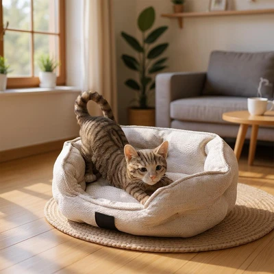 Gambar Cavea Ukuran S Tempat Tidur Hewan Round Linen - Krem Beige