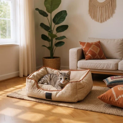 Gambar Cavea Ukuran S Tempat Tidur Hewan Square Linen - Krem Beige