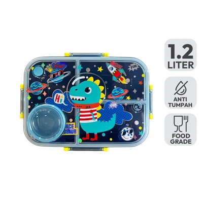 Gambar Kiddy Star Kotak Makanan Anak Plastik 3 Sekat Space Dino 1.2 Ltr - Biru
