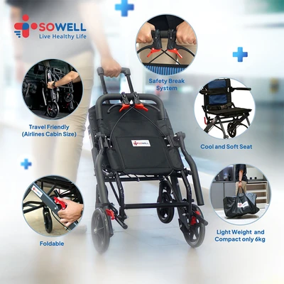 Gambar Sowell Kursi Roda Lipat Aluminium Sha806 - Hitam
