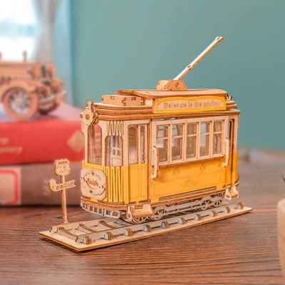 Gambar Rolife Puzzle 3d Tramcar Set 145 Pcs - Cokelat Kayu
