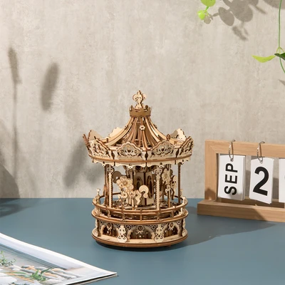 Gambar Rolife Puzzle 3d Romantic Carousel Mechanical Music Box Set 336 Pcs - Cokelat
