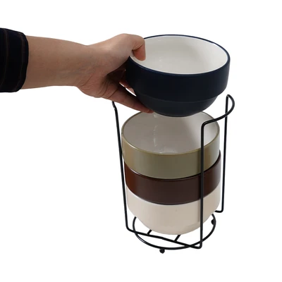 Gambar Delicia Holdera Mangkuk Keramik Bone China Dengan Rak Set 4 pcs - Mix