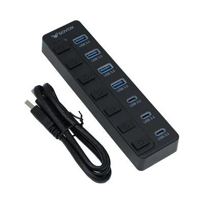 Gambar Sovox USB Hub USB-A To USB-A & USB-C 7 Port 3.0 Dengan Tombol On/Off - Hitam