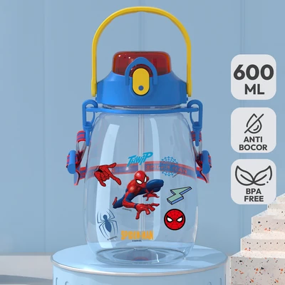Gambar Unimass Botol Minum Plastik Dengan Sedotan Spiderman 600 Ml - Biru