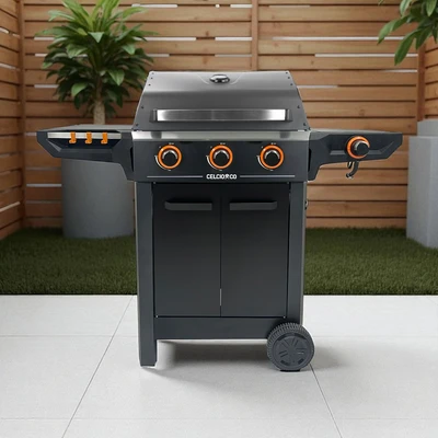 Gambar Celcio&Co Pemanggang Gas Bbq Komersial 3 Tungku Dengan Side Burner - Hitam