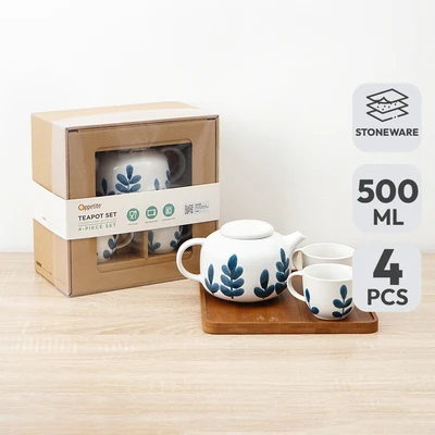 Gambar Appetite Hikari Teko Teh & Cangkir Stoneware Dengan Nampan 500 ml Set 4 Pcs - Mix