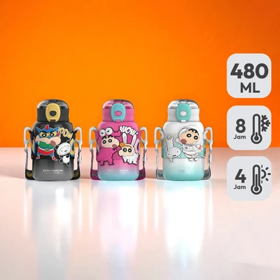 Gambar Ataru Botol Vacuum Flask Stainless Steel Dengan Strap Shinchan 480 ml Random