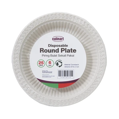 Gambar Culinart Piring Makan Sekali Pakai Cornstarch 15 cm Set 25 pcs - Putih