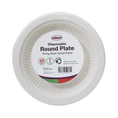 Gambar Culinart Piring Makan Sekali Pakai Cornstarch 17.8 cm Set 25 pcs - Putih