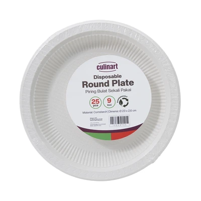 Gambar Culinart Piring Makan Sekali Pakai Cornstarch 23 cm Set 25 pcs - Putih