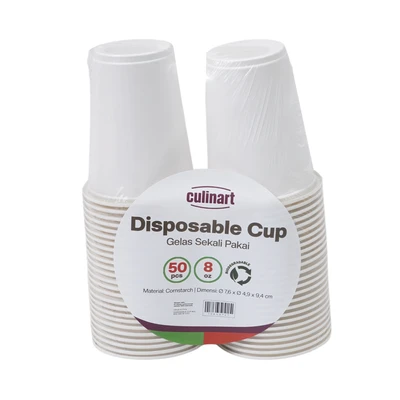 Gambar Culinart Gelas Sekali Pakai Cornstarch 236 ml Set 50 pcs - Putih