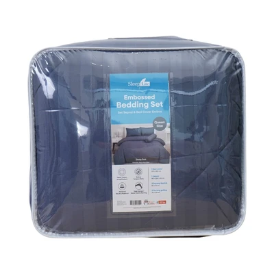 Gambar Sleeplite 160x200 cm Set 6 Pcs Seprai Queen Microfiber Emboss - Biru Deep Sea