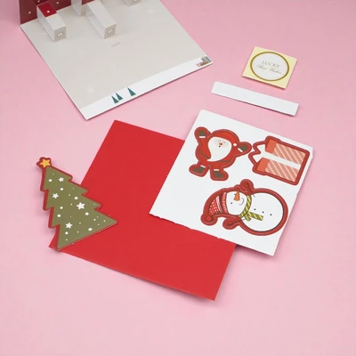 Gambar Ataru Kartu Ucapan Natal Christmas 3D Pop Up Santa With Snowman - Merah