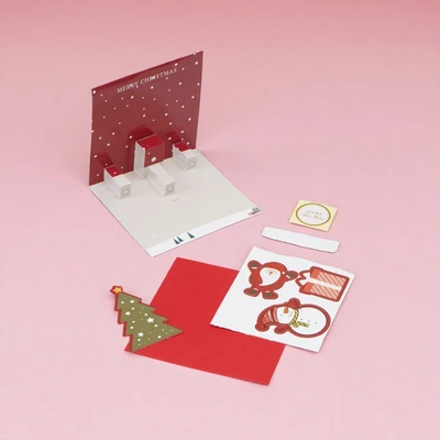 Gambar Ataru Kartu Ucapan Natal Christmas 3D Pop Up Santa With Snowman - Merah